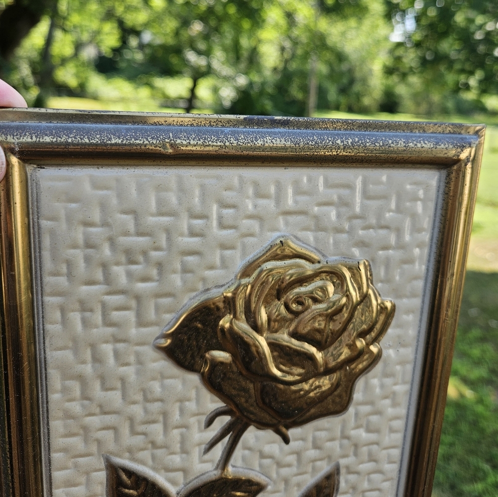 Vintage Gold Metal Rose Wall Hanging made in Holland 7" x 22" - Picture 6 of 10